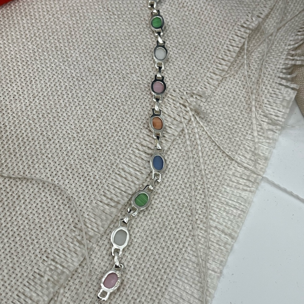 Stunning Vintage Sterling Silver Chainlink Bracelet with Multicolored Cabochons - Picture 11 of 16